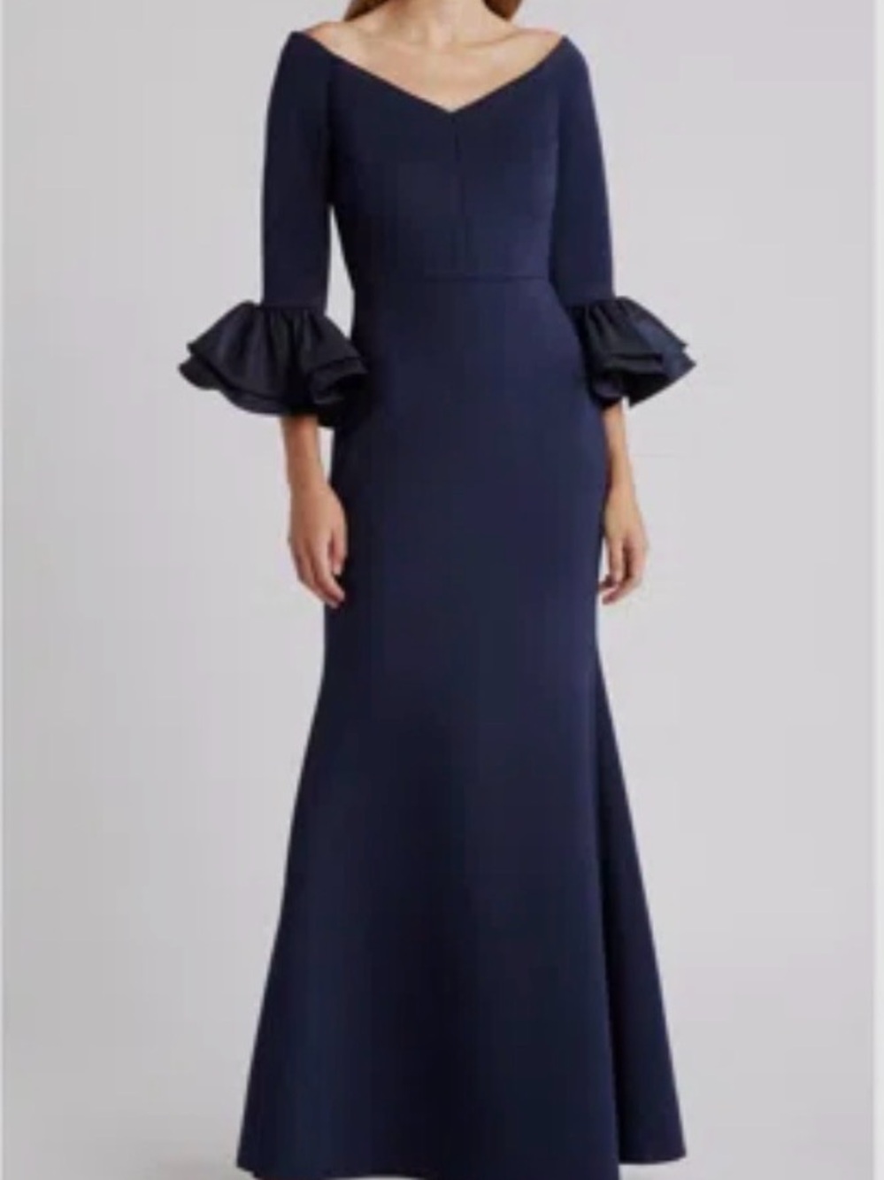 Eliza J Navy Off-Shoulder Gown with Ruffle Sleeves